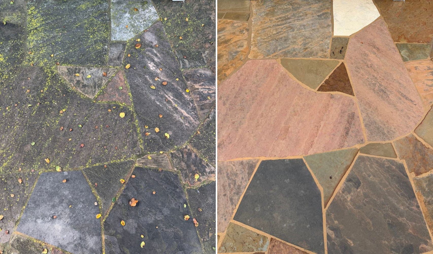 Flagstone patio before and after cleaning — moss and grime lifted back to full color